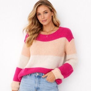 Lovers & Friends Lynn Sweater - Rose Pink Color Block Stripes - Size Small